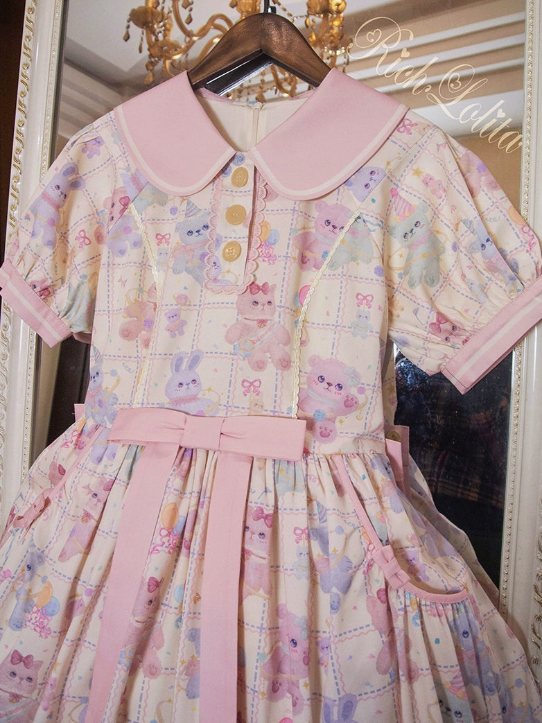 RichLolita - Starry Pudding Bear - Sweet Lolita Jumper Dress Printed OP Dress XS OP