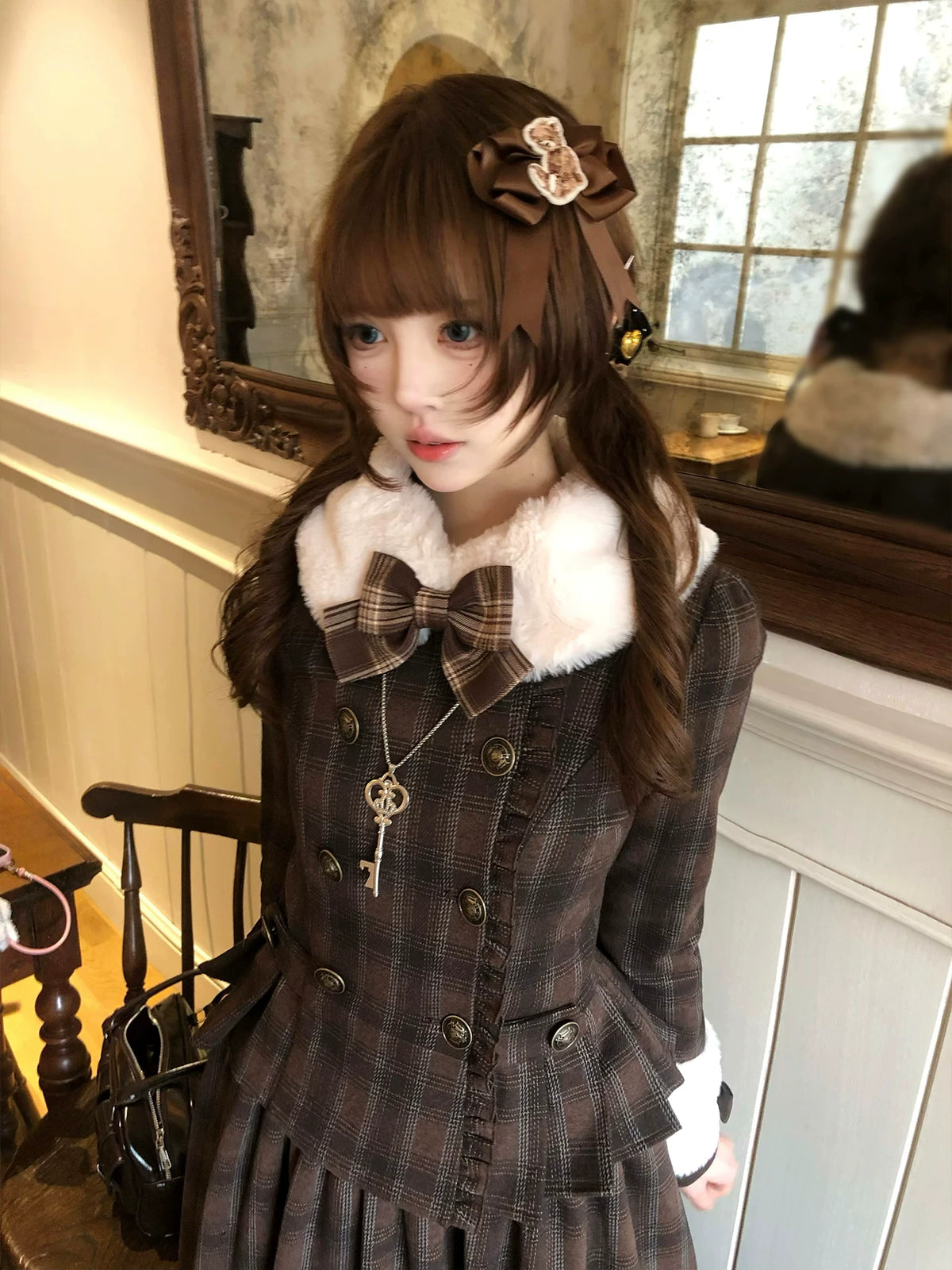 Filled Chocolate - Winter Classic Lolita Plaid Coat Set, Detachable Plush Collar 45900:867130