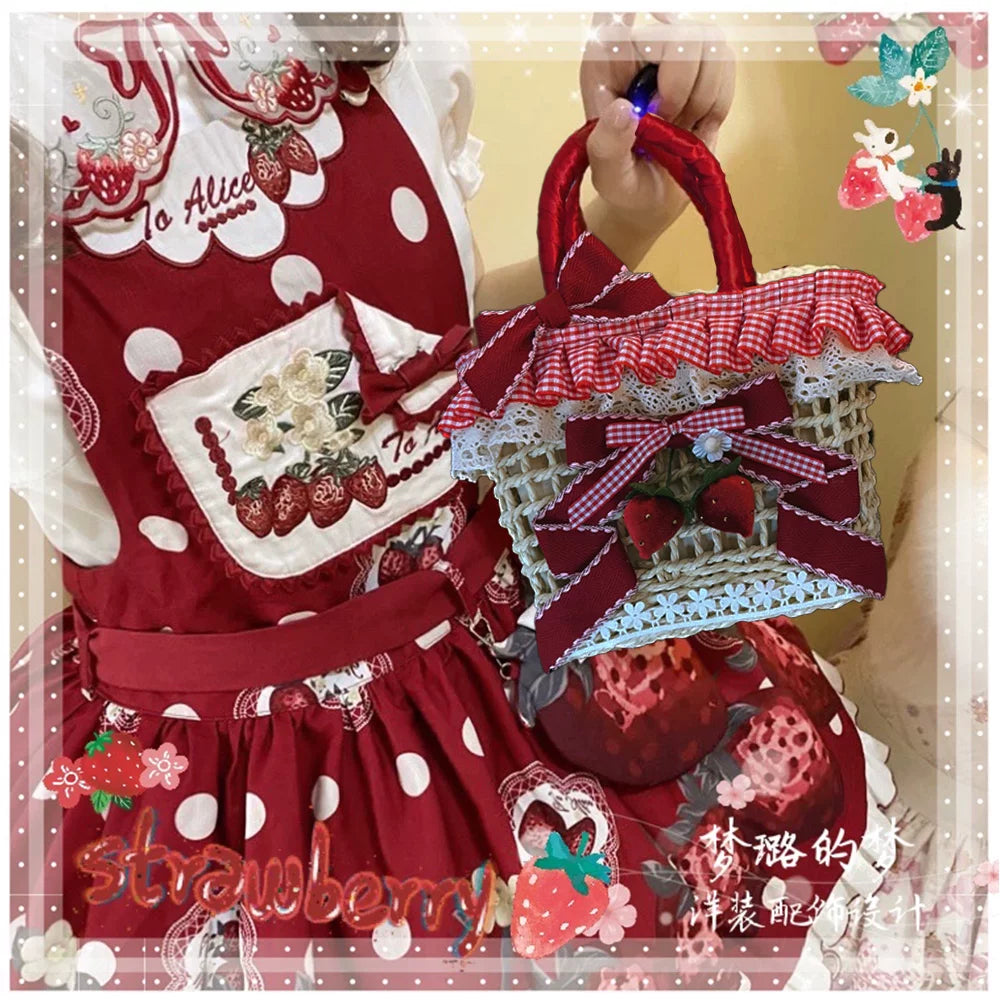 Country Lolita Straw-woven Bag, Strawberry Accent