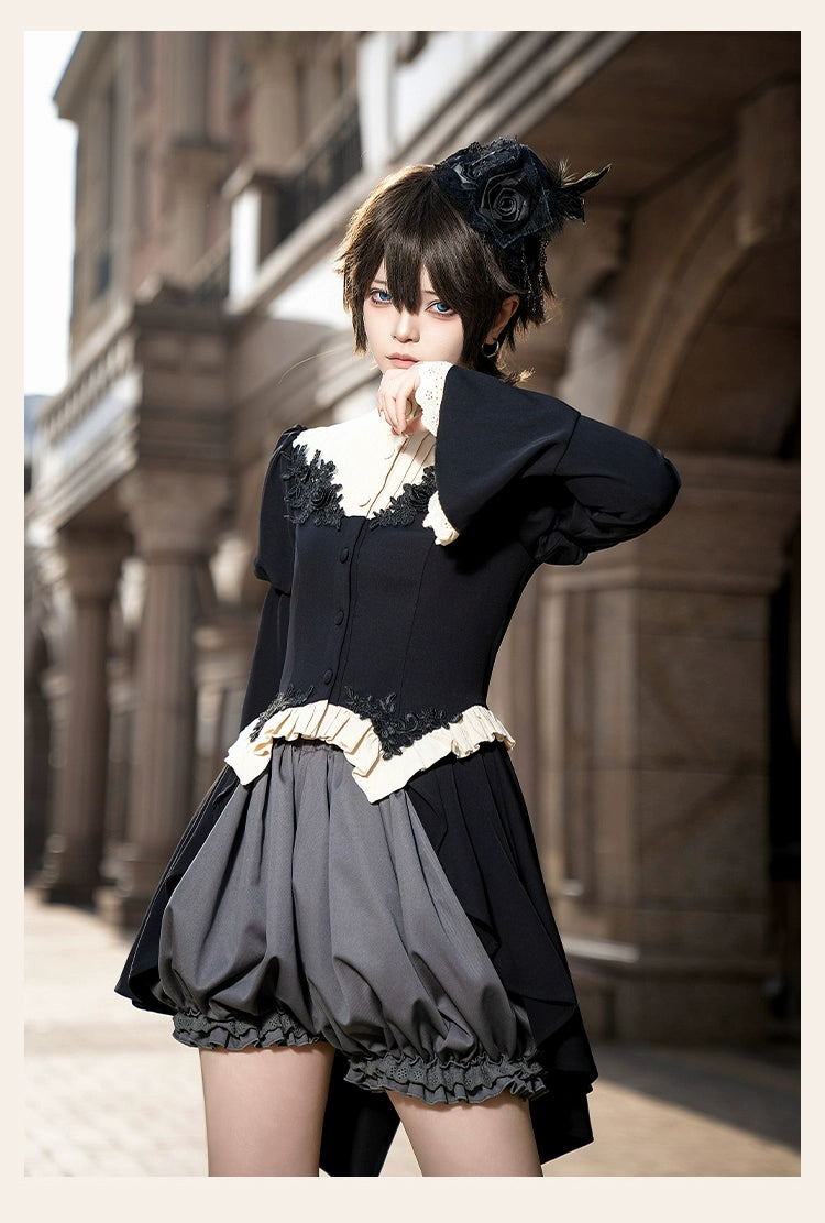 With PUJI - Night Feast - Gothic Lolita Suit Ouji Lolita Tailcoat Tiered Skirt Shorts
