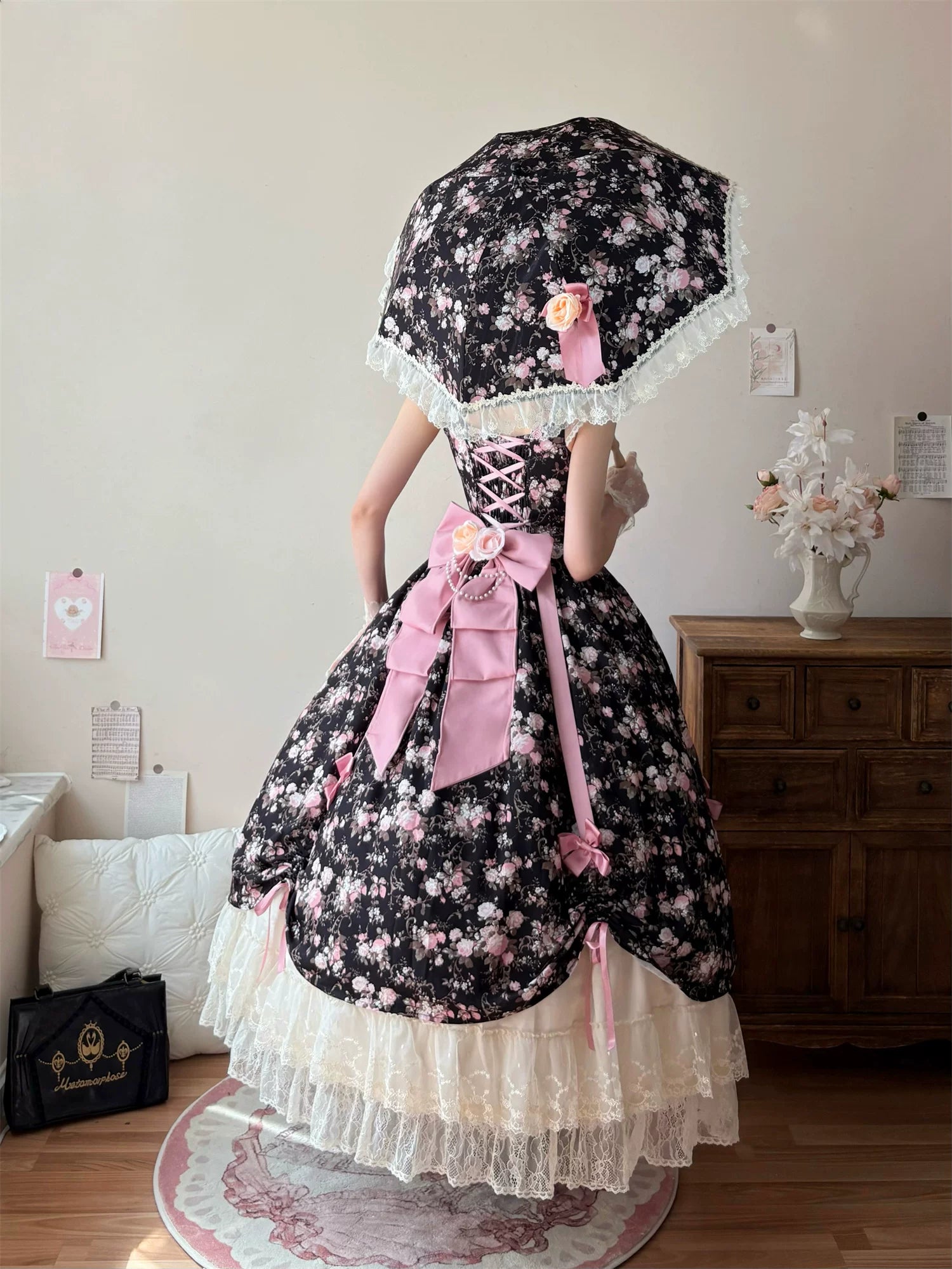 Dolota Flower Wall - Classic Lolita Floral OP Dress, Open Shoulder 44485:811231