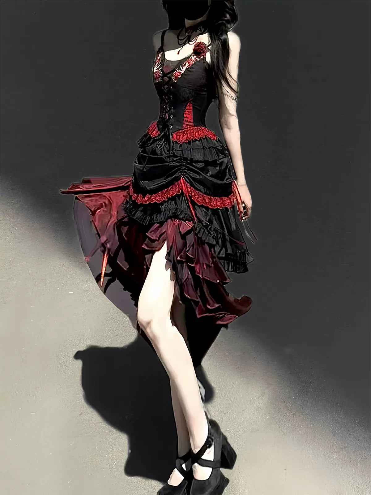 Bone Rot Bloom - Gothic Lolita Embroidered Camisole & Drawstring Lift-up Hem Skirt 45593:854848
