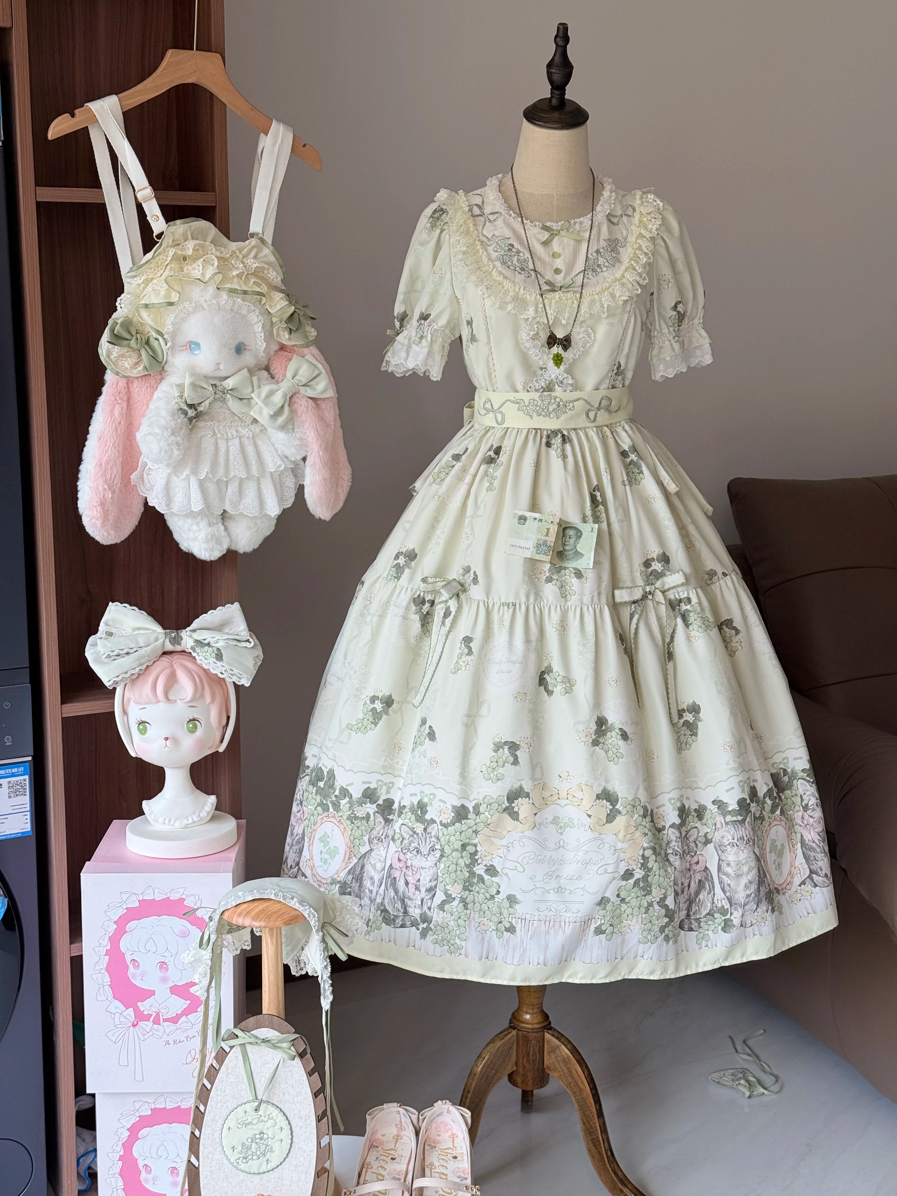 Grape Garden Cat - Classic Lolita Printed JSK Dress, Short Sleeve OP Round Neck OP Only S