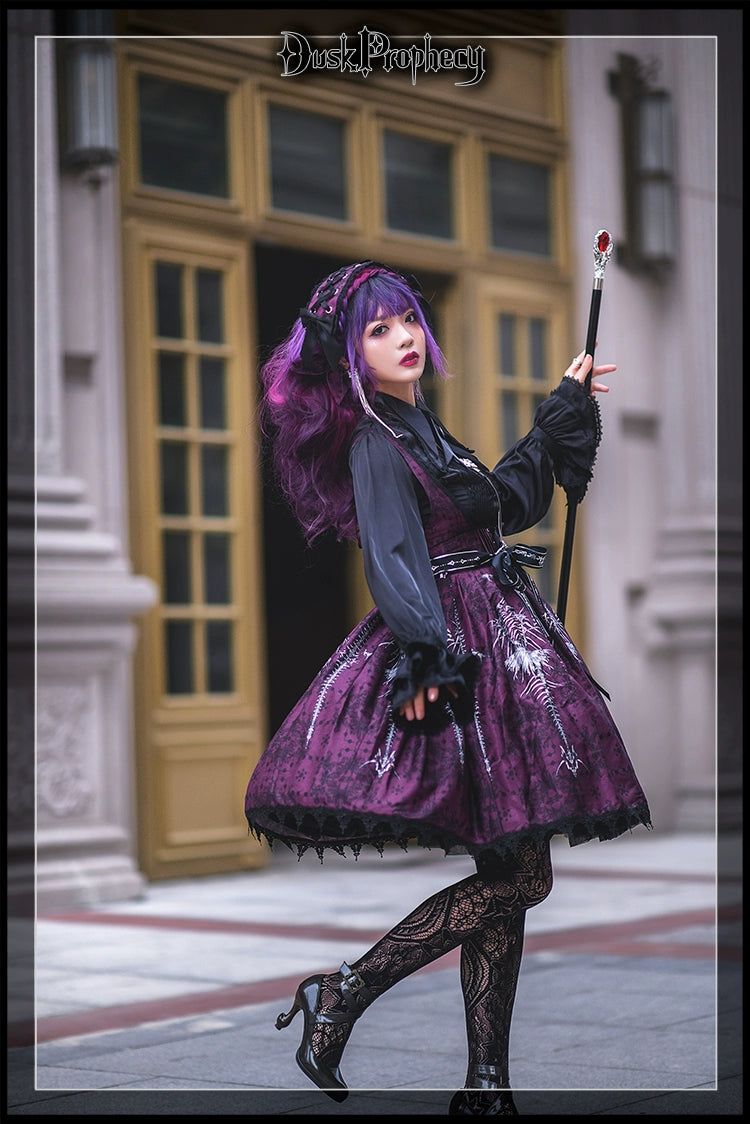 DuskProphecy - Coccyx - Elegant Lolita Dress High Waist Fishbone Print JSK Set 34722:466588