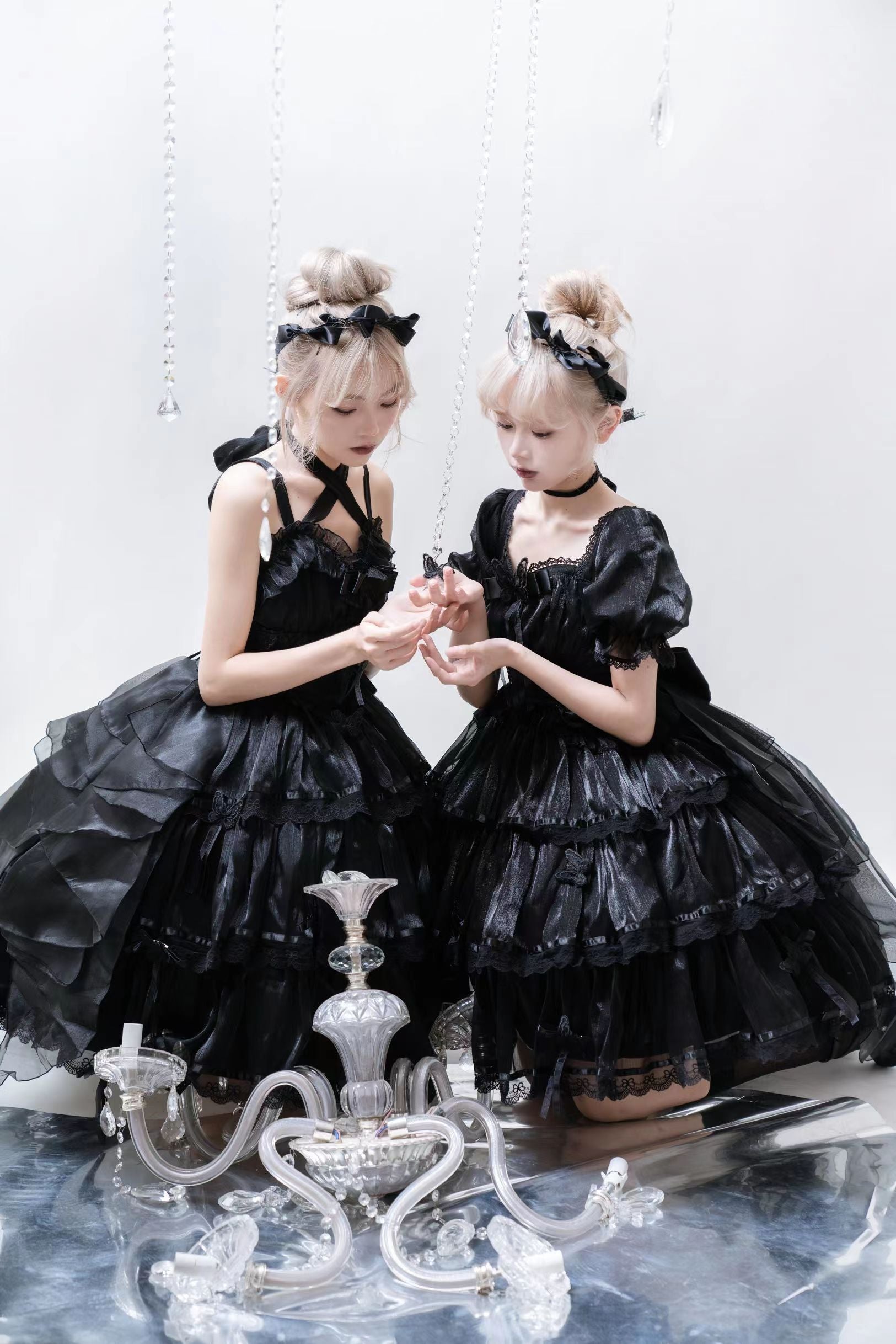 MEEKWIND - Miss Flora - Light Bridal Lolita Dress Gauze OP and JSK Black XS OP