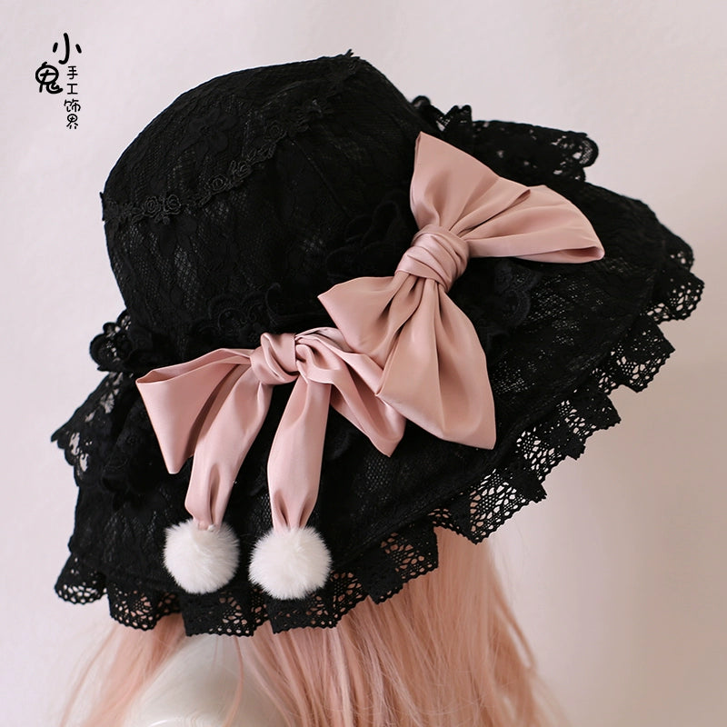 Xiaogui - Retro Lolita Hat Lace Handmade Doll Hat with Multicolor Bows One Size black hat with bean paste pink bow