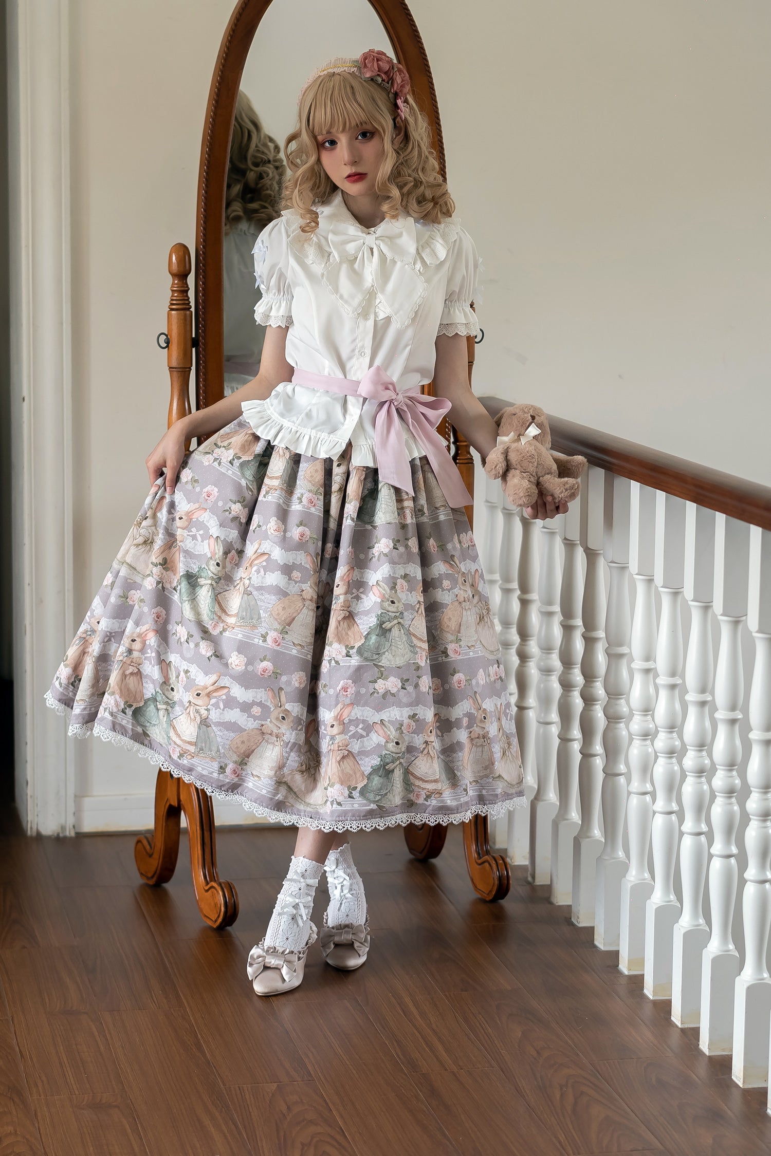 Fruit and rice - Tea Break Rabbit - Vintage Lolita JSK Rabbit Print Multicolors M Gray Skirt