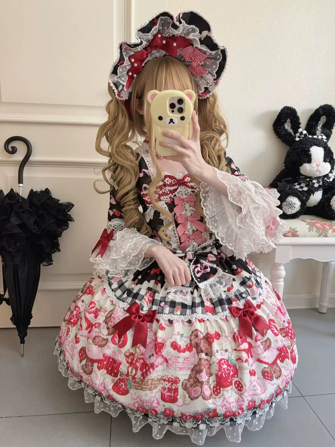 SweetBerry Bunny Bear - Sweet Lolita Hime Sleeve OP Dress, Strawberry and Bear Print