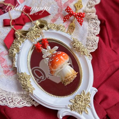 Bear Doll~Handcraft Kawaii Lolita Mushroom Necklace white bow round head mushroom  