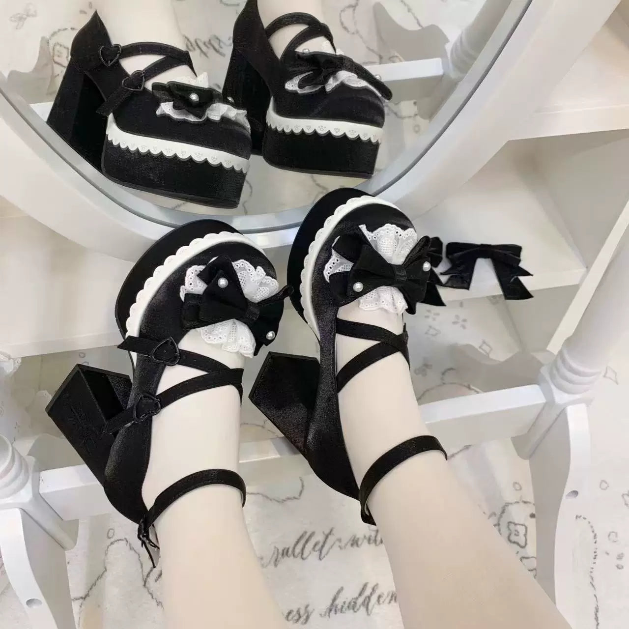 Tea Party Tale - Sweet Lolita Platform Heels, Bow Strap & Fork Embroidery 45905:867638