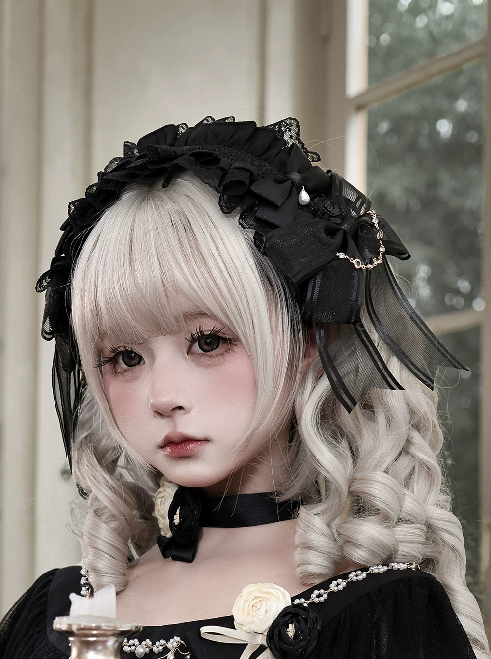 Unnamed Dusk Poem - Classic Lolita OP Dress, Tulle Skirt with Cross Accent Hairband Only (one size / M) S