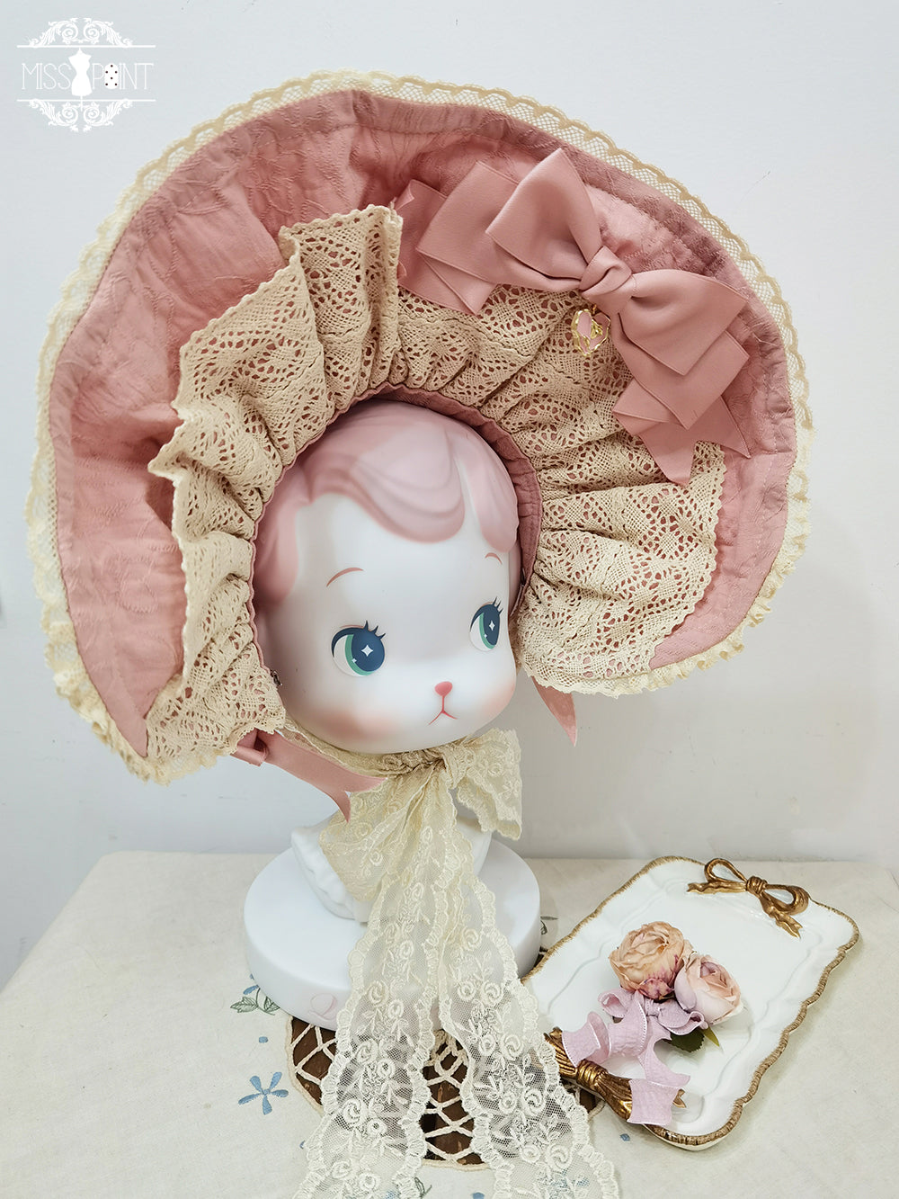 Miss Point - Lilyka Garden - Classic Lolita Headdress and Necklace Brooch Bow Trailing BNT - Pink