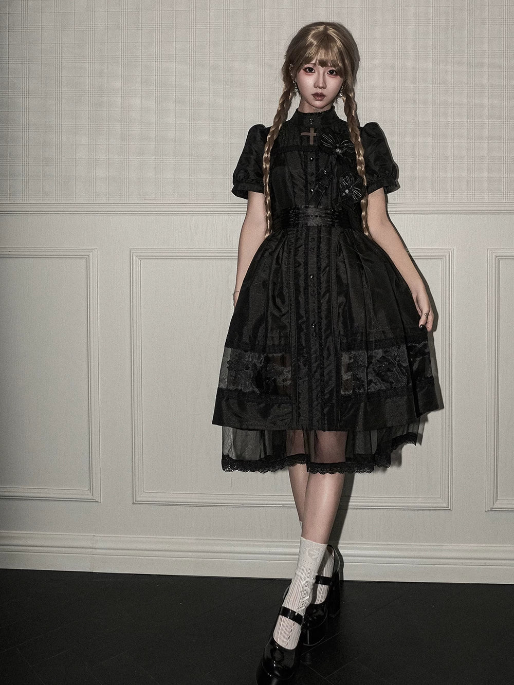 Ghost Orchid - Gothic Lolita OP Dress, Embroidered Cross