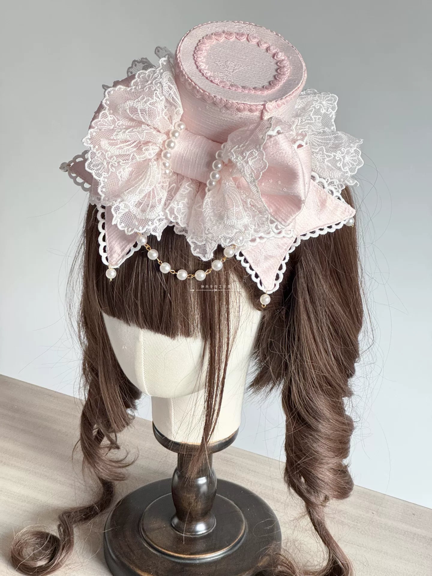 Sweet Lolita Bowknot Top Hat, Lace & Pearl Detail Pink - Top Hat