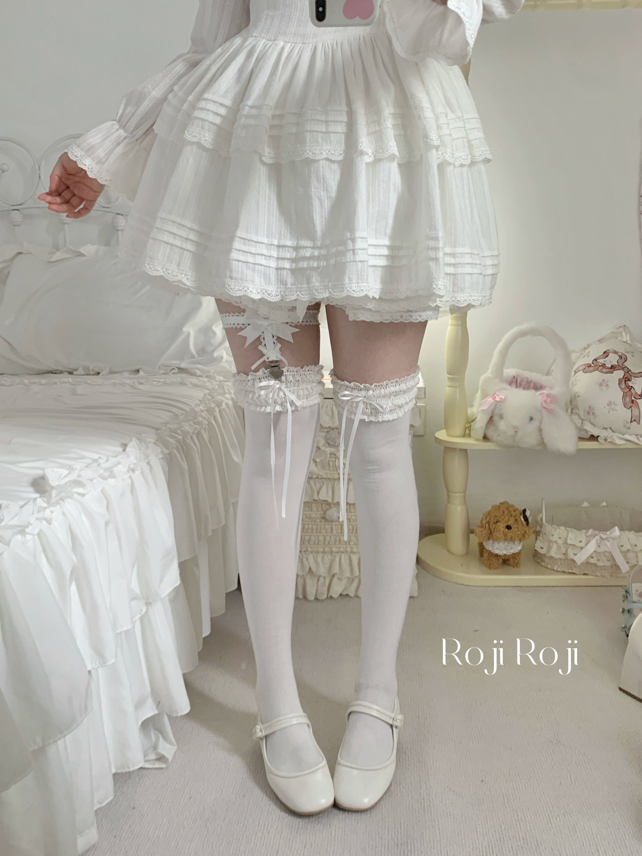 Roji Roji - Gentle Town - Sweet Lolita Cotton Calf Socks, Ankle Socks White thigh-high socks (no sock clips included) One Size