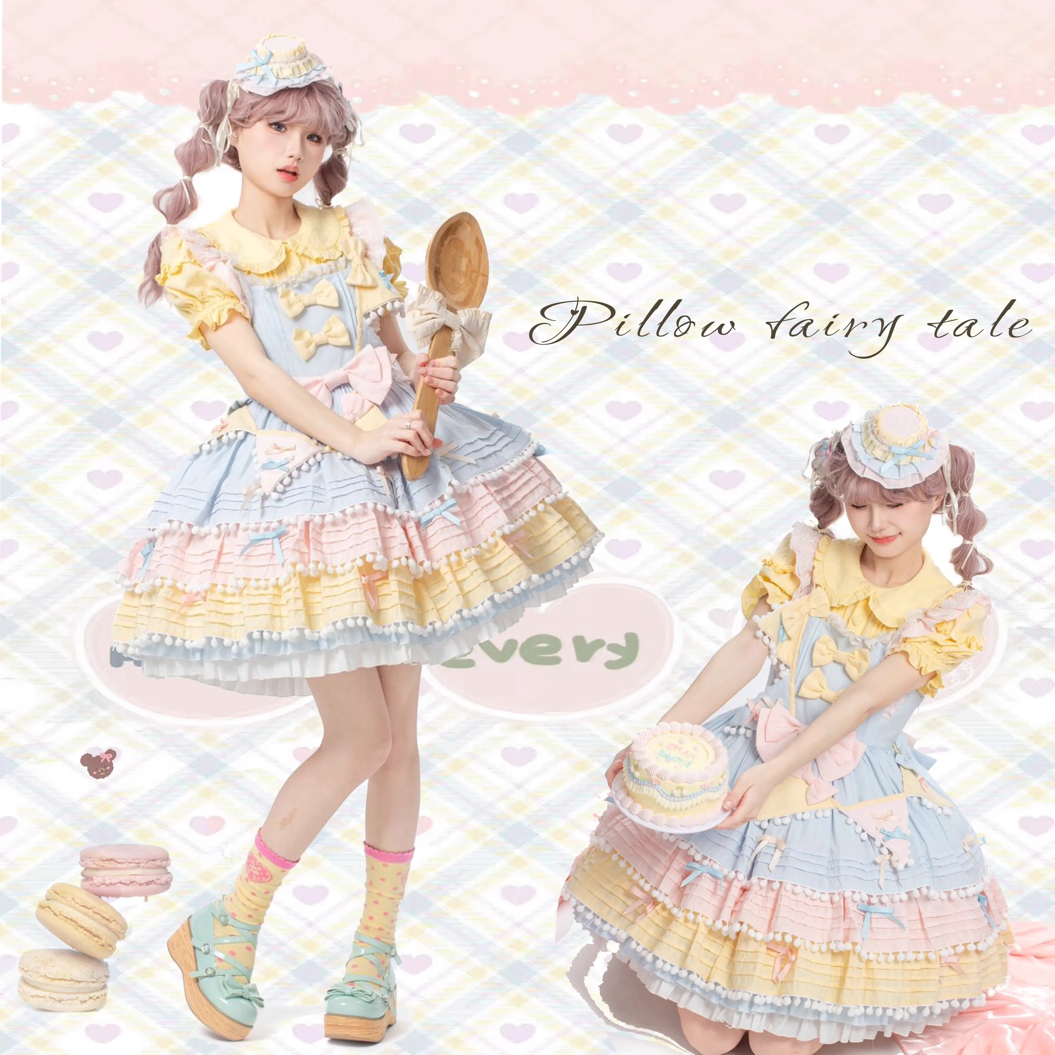 Chubby Cat Diary - Sweetheart Macarons - Sweet Lolita JSK Dress, Pom-pom Accents 44105:795952