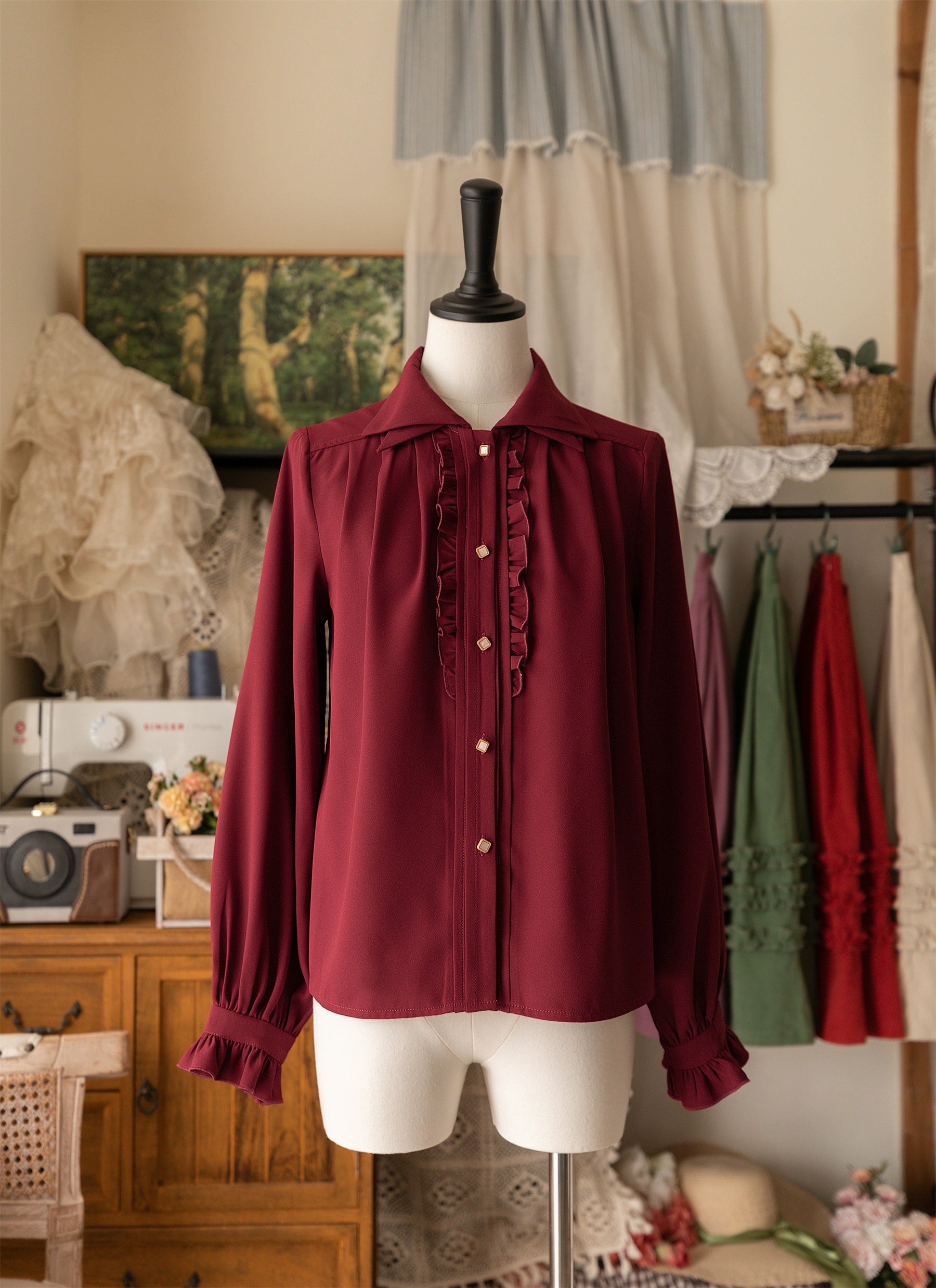 Forest Wardrobe - Forest Basket - Elegant Lolita Shirt Retro Dual Collar Versatile Shirt S Burgundy