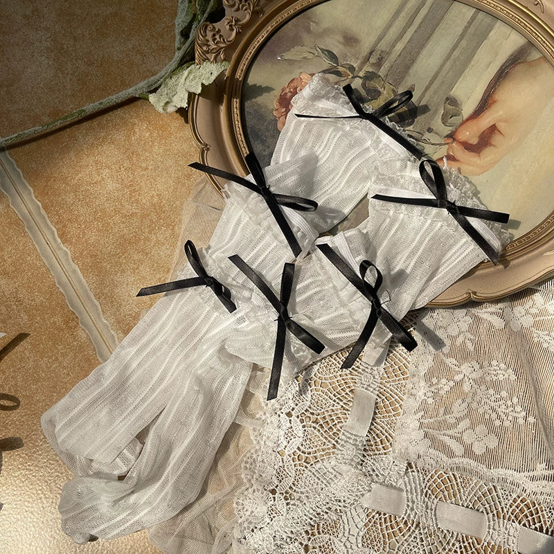 WAGUIR - Sweet Lolita Mid-Calf Socks 3-Layer Lace Mesh Fairy Thin Socks One Size White socks with black bow