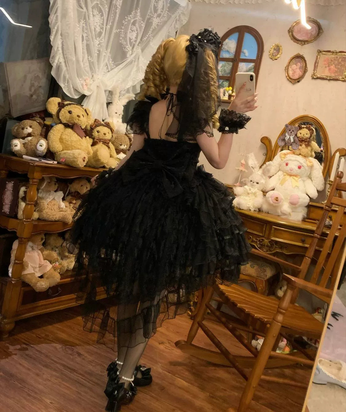 Hanguliang - Feather's Ballad - Wedding Lolita JSK Dress, Tiered Ruffles Black Back Bow Trailing Only (one size / choose M) S