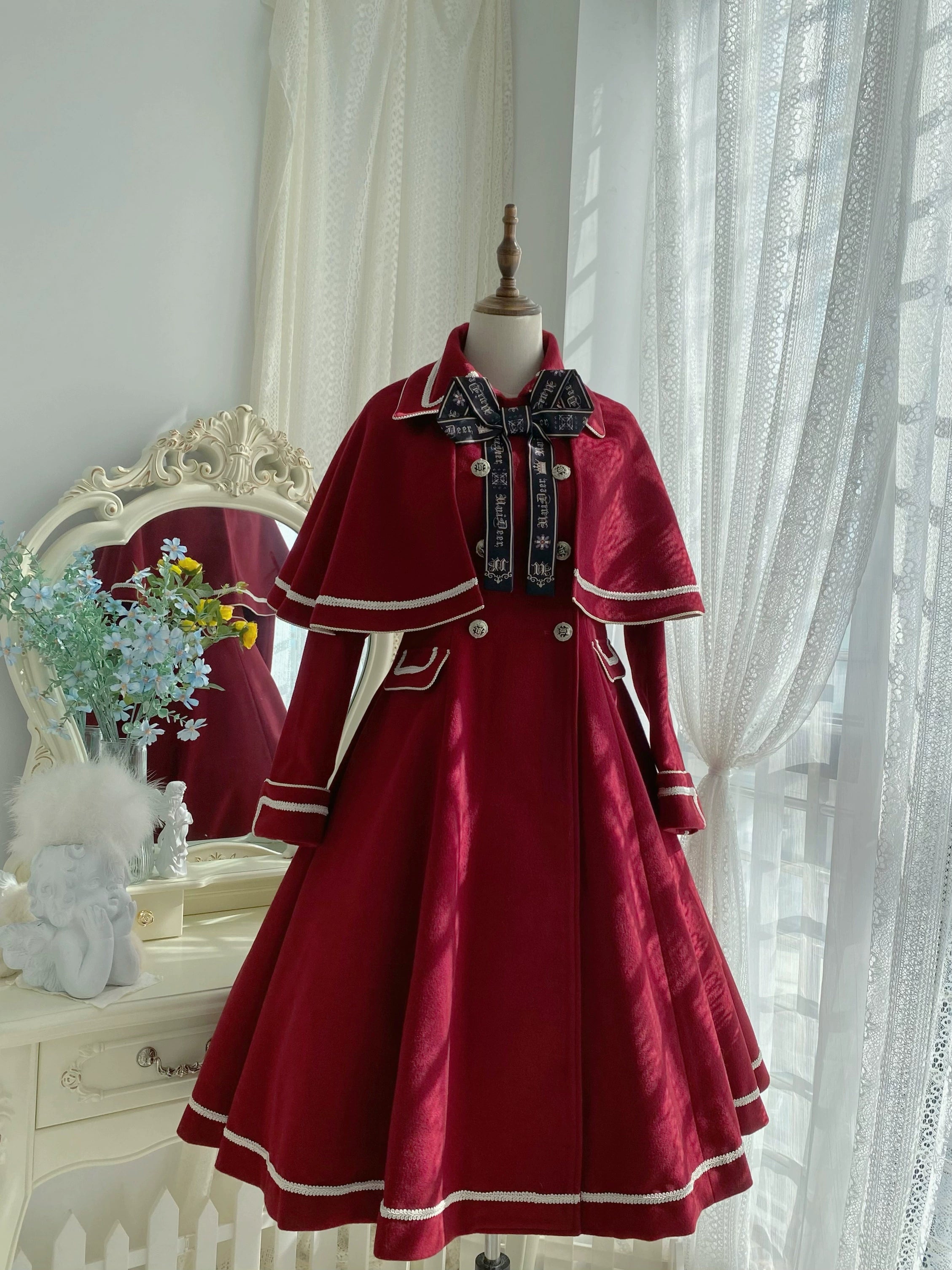 Unideer - Galaxy Traveler - Classic School Lolita Overcoat with Detachable Cape and Bow S Wine red (In stock)