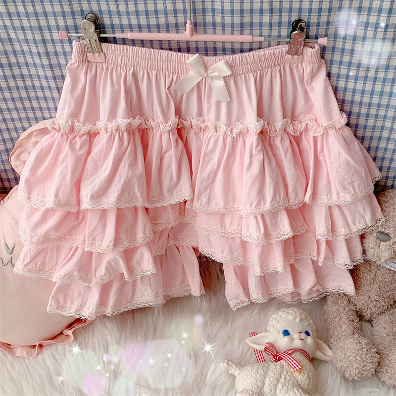 Sugar Girl - Cotton Lolita Bloomer, Loose Ruffled Hem Petticoat Pink One Size