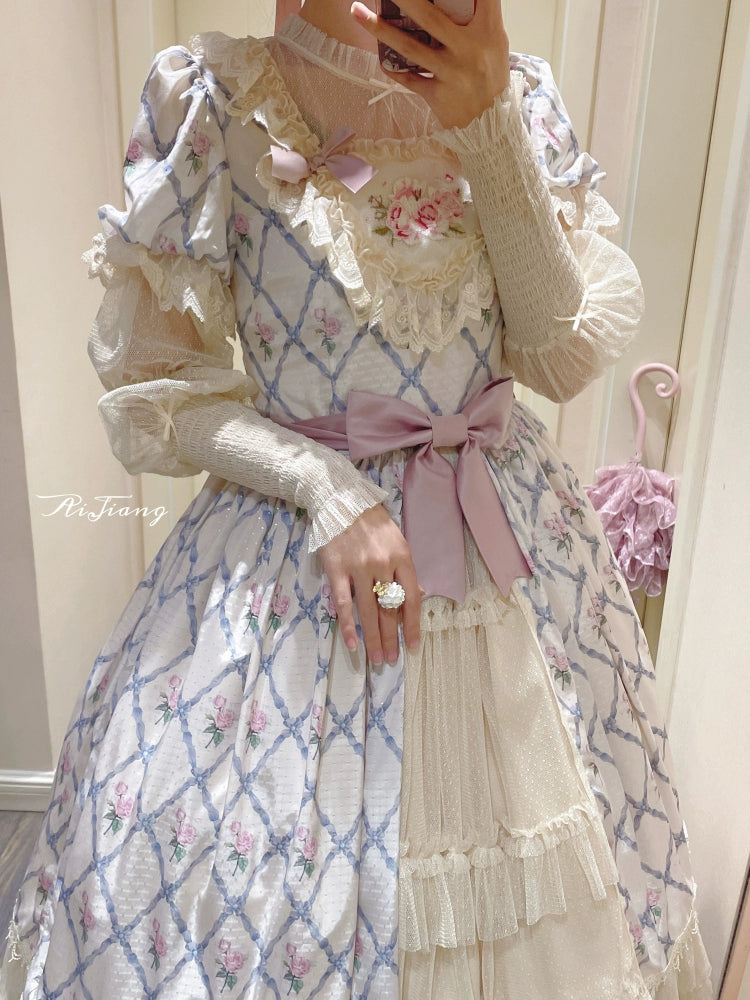 Moon River~Elegant Lolita OP Dress Short Sleeve Square Neckline Print Dress 34110:441836