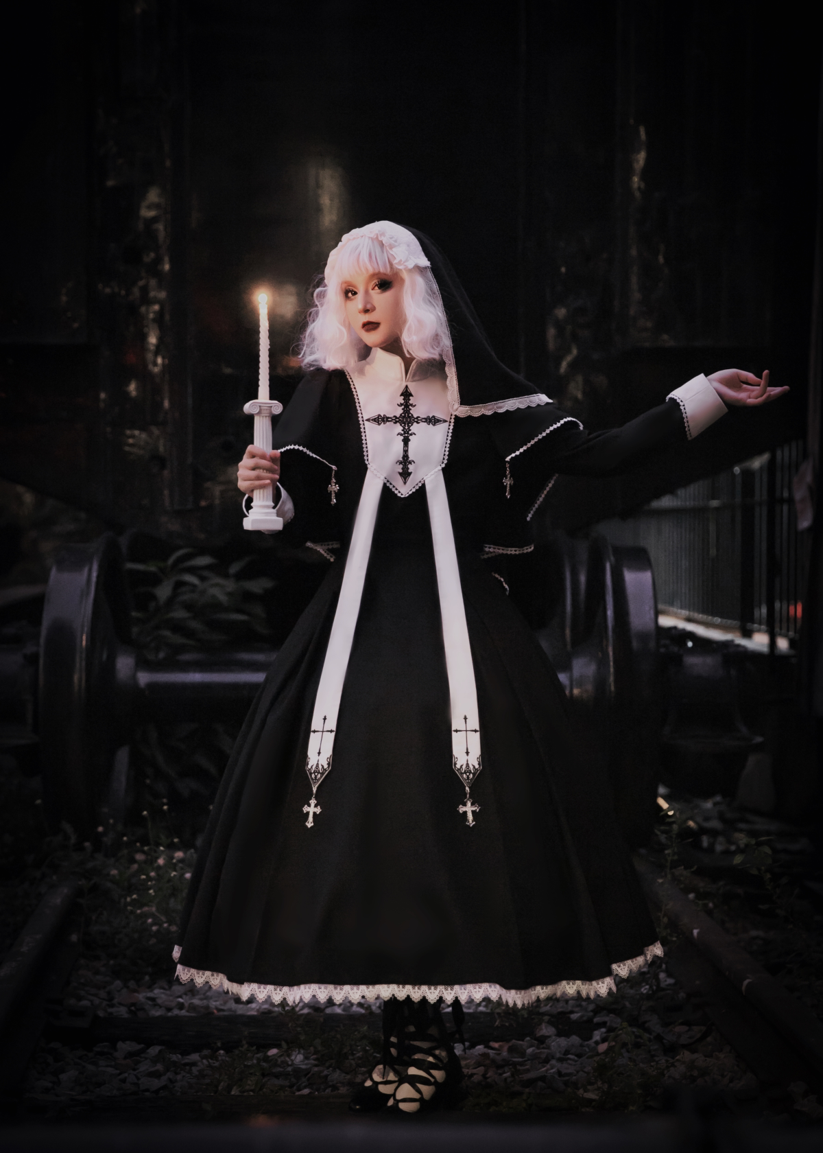 Halloween Gothic Lolita OP Dress & Cape, Cross Embroidery 45848:864784