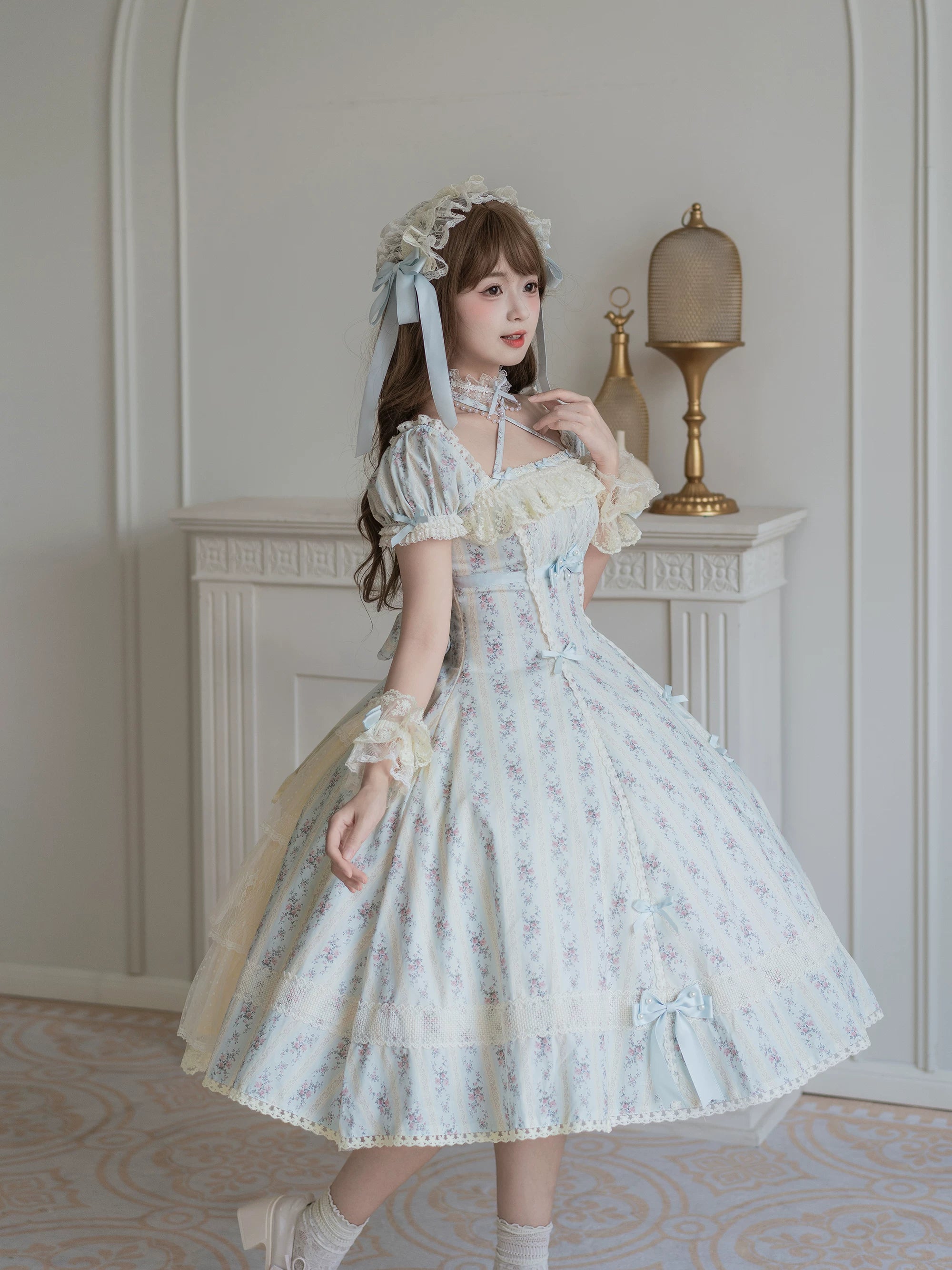 Garden Encounter of Three Springs - Cotton Old School Lolita Floral Print OP, Lace Back Opening 45674:858618