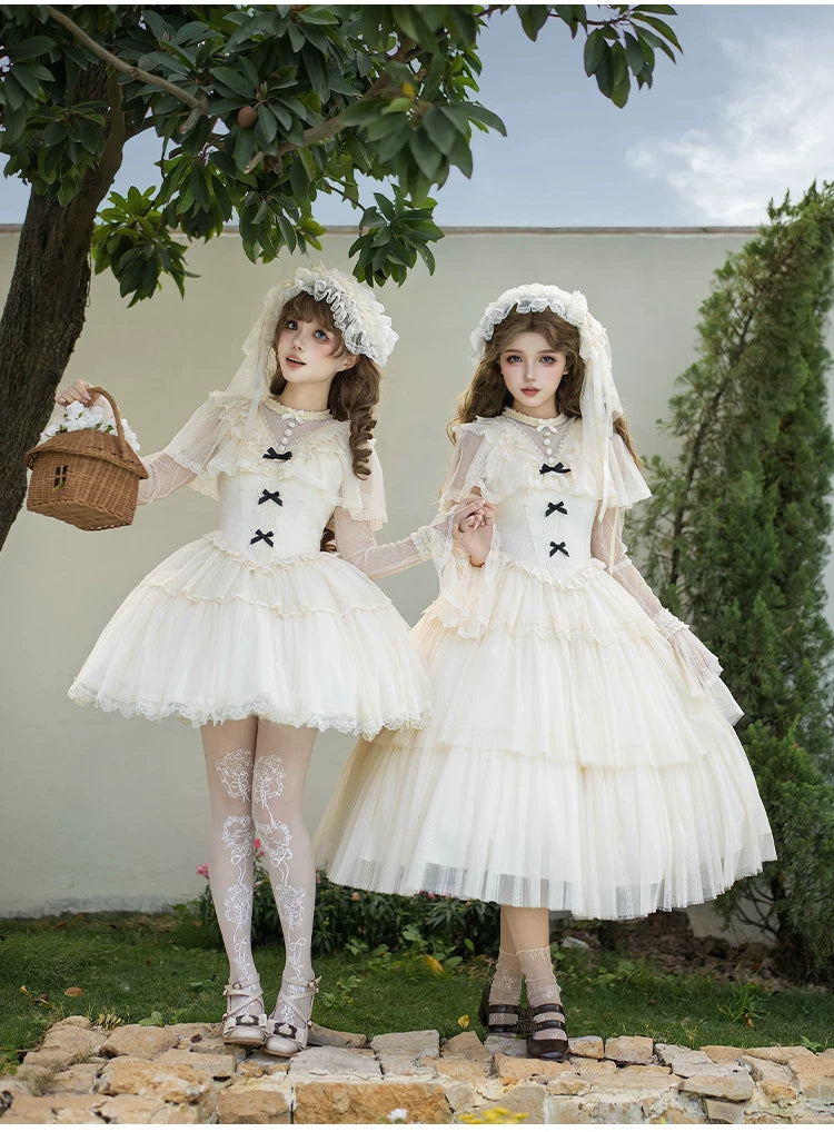White Mist Promise - Classic Lolita Corset OP Set, Edwardian Collar & Tiered Hem 45173:838311