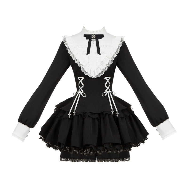 With Puji~Doki~Twin Lolita OP Black/White Goth Dress with Pocketed Shorts 42833:754887