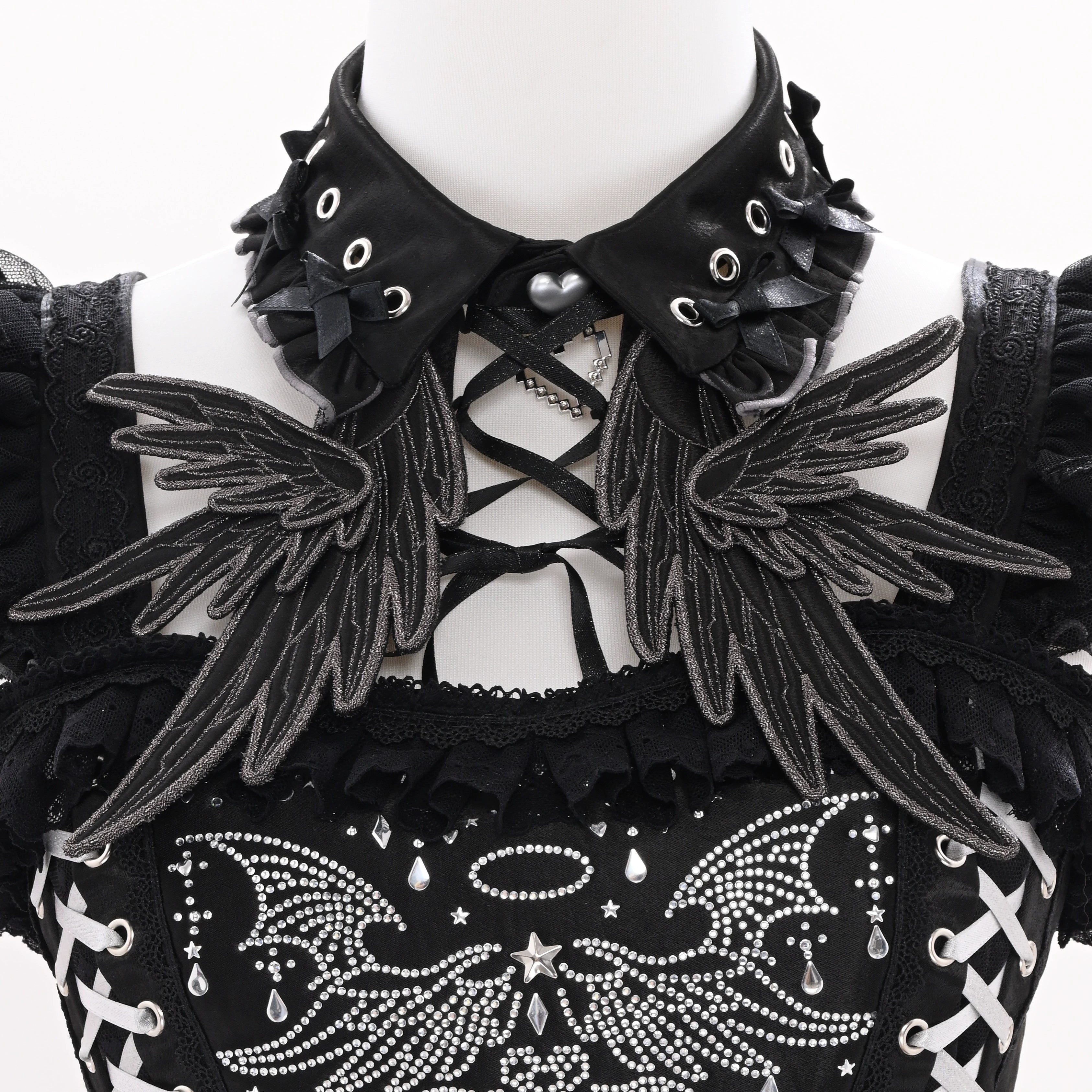 Metallic Angel Black - Gothic Lolita Rhinestone Top & Ruffled Skirt Set Detachable Collar + Wings (one size / choose M) S
