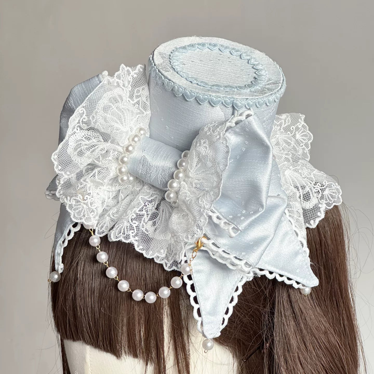 Sweet Lolita Bowknot Top Hat, Lace & Pearl Detail