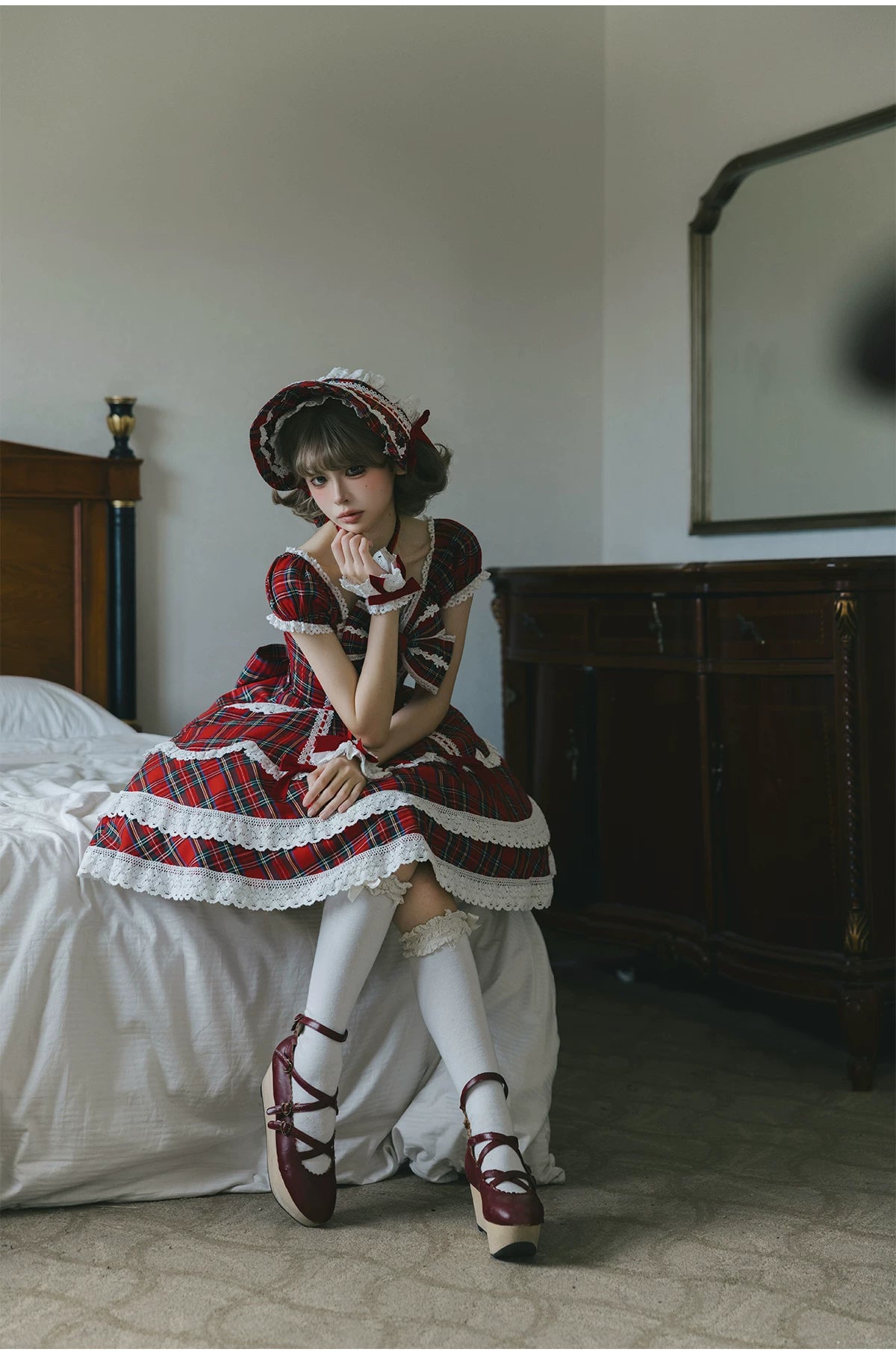 Showa Sweetheart - Old School Lolita OP Dress, Ruffled Lace Hem 45887:866784