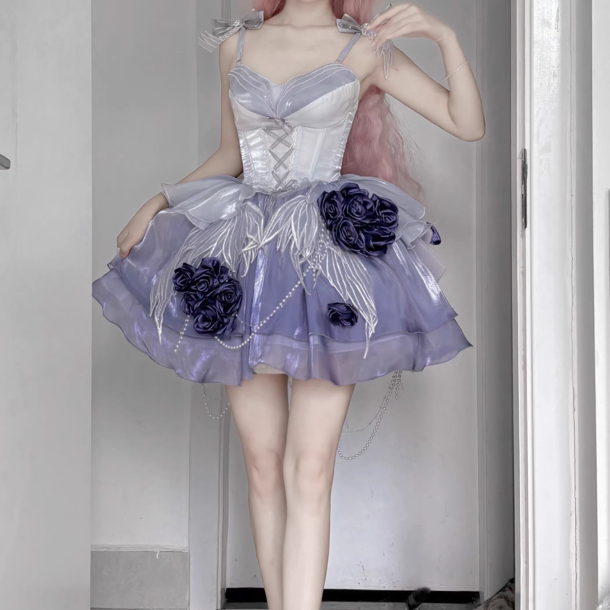 Meowing and fruity - Swan Fantasy - Fairy Lolita Short JSK Ballet-Style Jumper Dress Mist Purple - Single JSK Only S