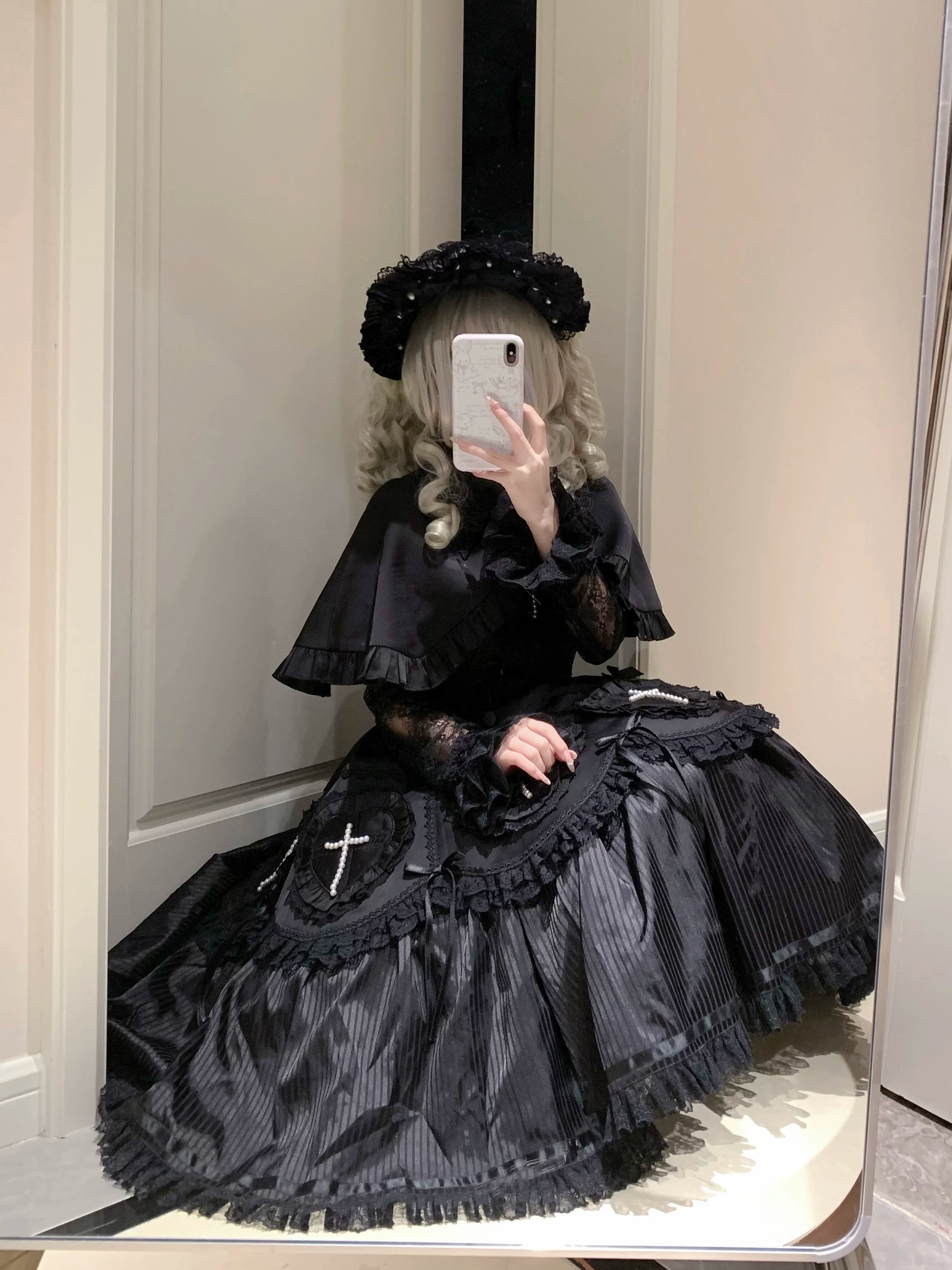 Nocthymn Cross - Gothic Lolita OP Dress with Pearled Cross, Detachable Sleeves 45813:863454