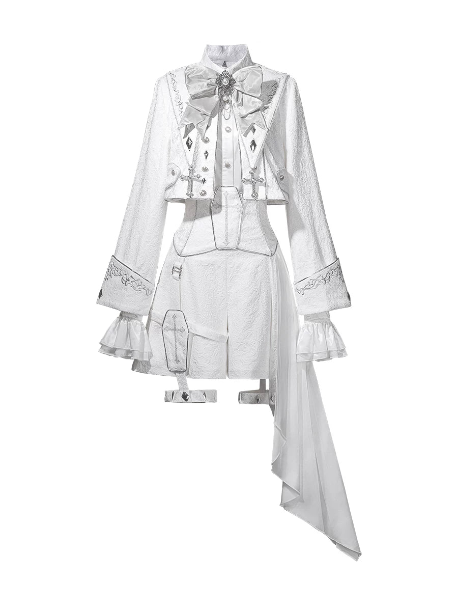 Silver Covenant - White Ouji Lolita Embroidery Coat and Shorts Set with Cross Coat + Blouse + Shorts + Detachable False Collar S