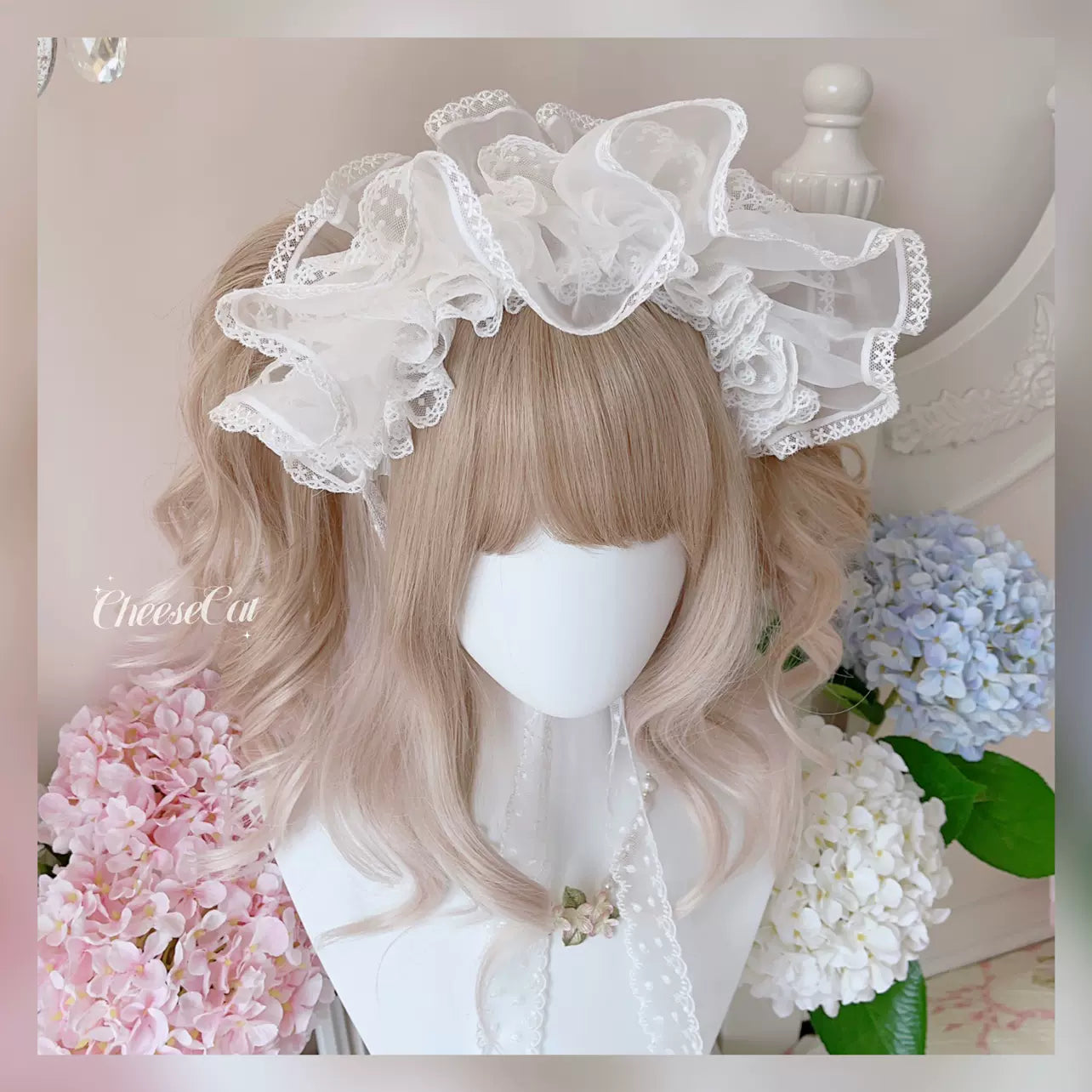 CheeseCat~Sweet Lolita Bonnet Organza Bow Headdress 35230:574292