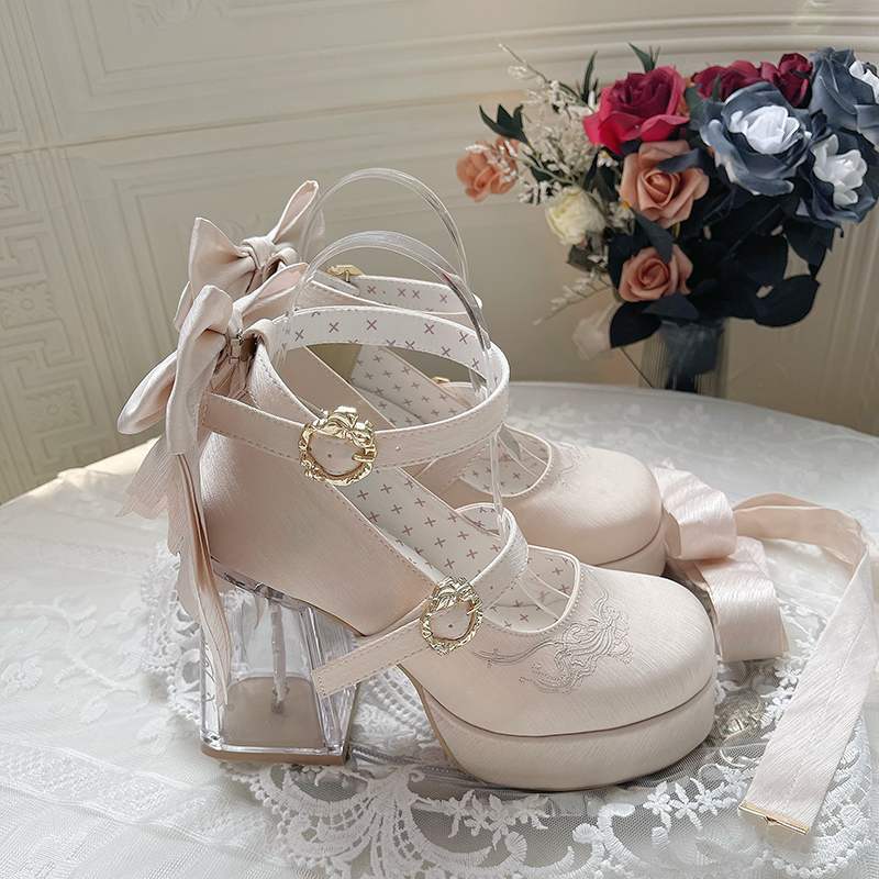 Dreamland - Floating Koi Land - Satin Classic Lolita Platform Shoes, Transparent Heel (Champagne / 34 35 36 37 38 39 40 41) 44317:804081