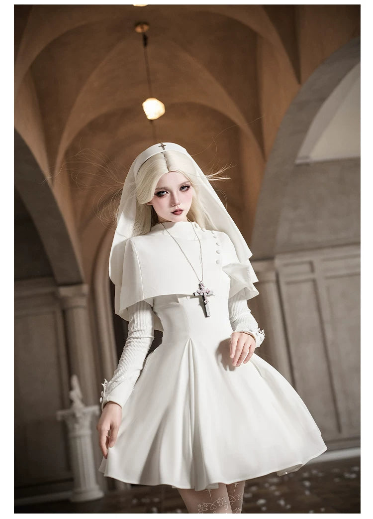 Nihil - Gothic Nun Lolita OP Dress, Irregular Hem Cape 44717:819708