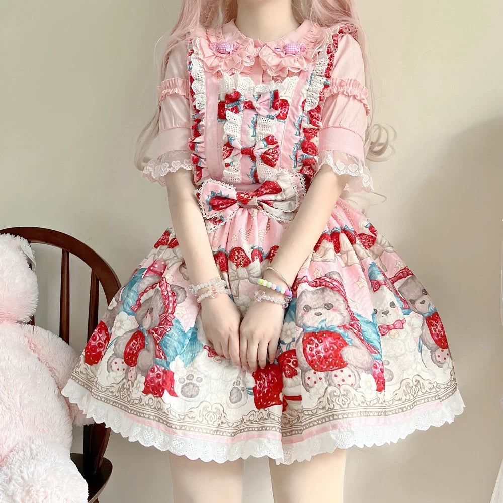 Bearberry Pastry Chef - Kawaii Lolita Salopette Dress, Bear & Strawberry Print