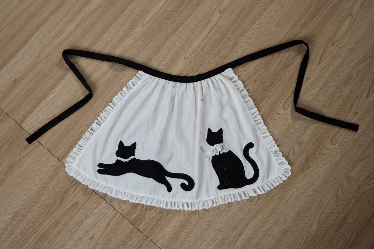 Teacup Meow - Old School Lolita Cat Ear Hat and Paw Gloves, Black Cat Apron 45547:852683