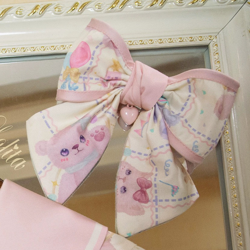 RichLolita - Starry Pudding Bear - Sweet Lolita Jumper Dress Printed OP Dress XS Self-fabric big bow side clip (a pair)