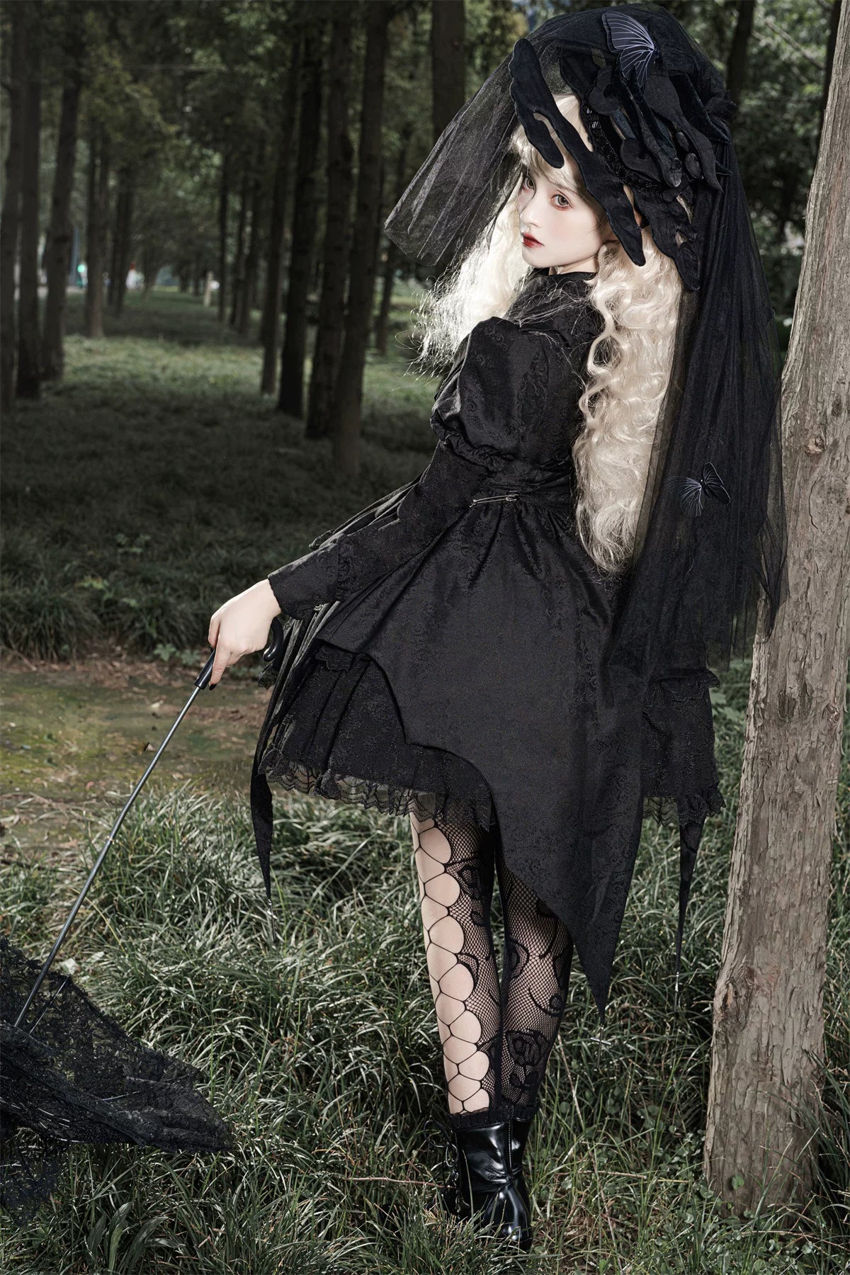 Darknight Creed - Gothic Lolita Jacquard OP, Irregular Hem & Cross Pendants 45847:865335