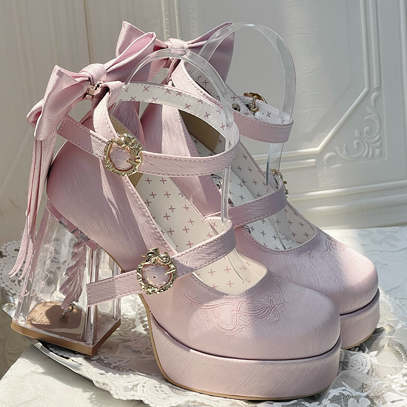 Dreamland - Floating Koi Land - Satin Classic Lolita Platform Shoes, Transparent Heel (34 35 36 37 38 39 40 41) 44317:804080