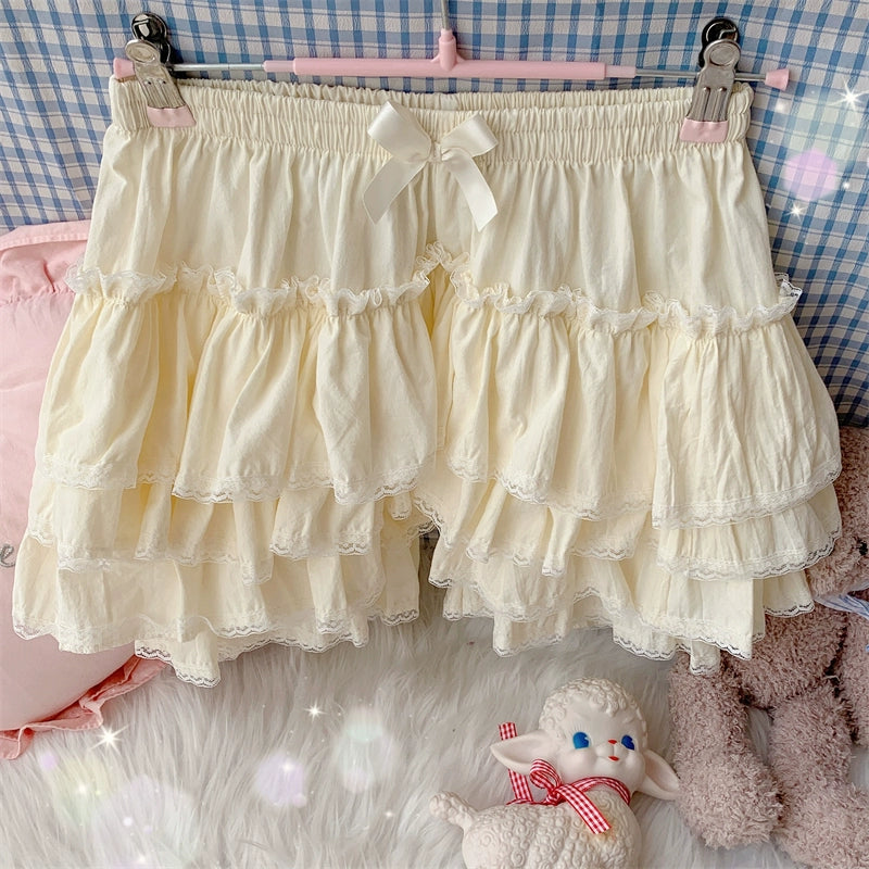 Sugar Girl - Cotton Lolita Bloomer, Loose Ruffled Hem Petticoat Beige One Size