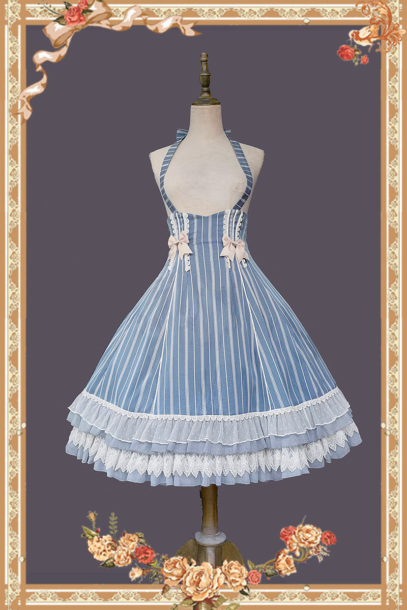 (Buy for me) Infanta~Elegant Lolita Stripe High-waist Jumper Dress Set and Cape S light-blue stripe high-waist JSK (L M S XL) 22624:320986