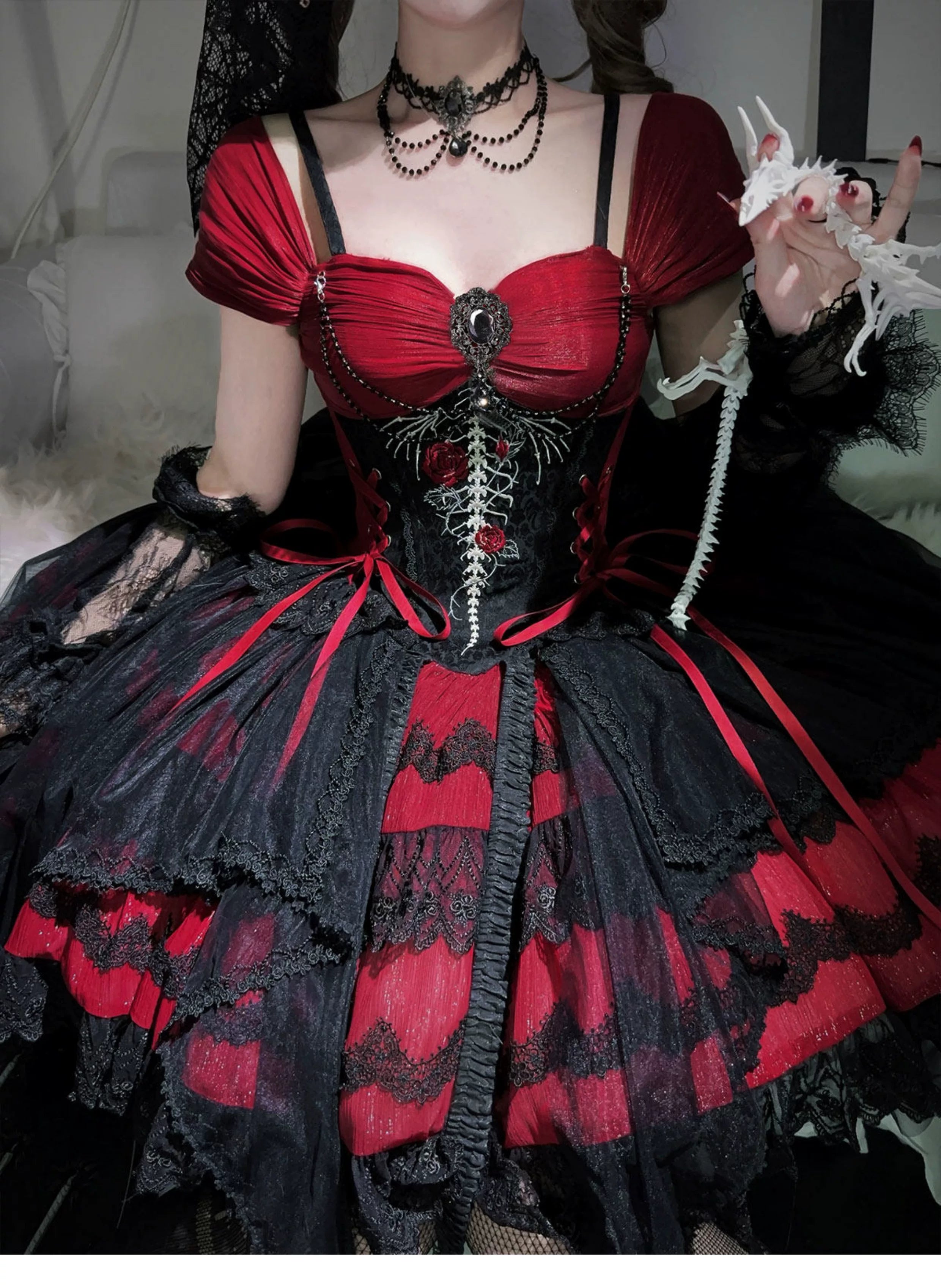 Eternal Thorn of the Dragonbone - Embroidered Gothic Lolita JSK Dress, Off-Shoulder