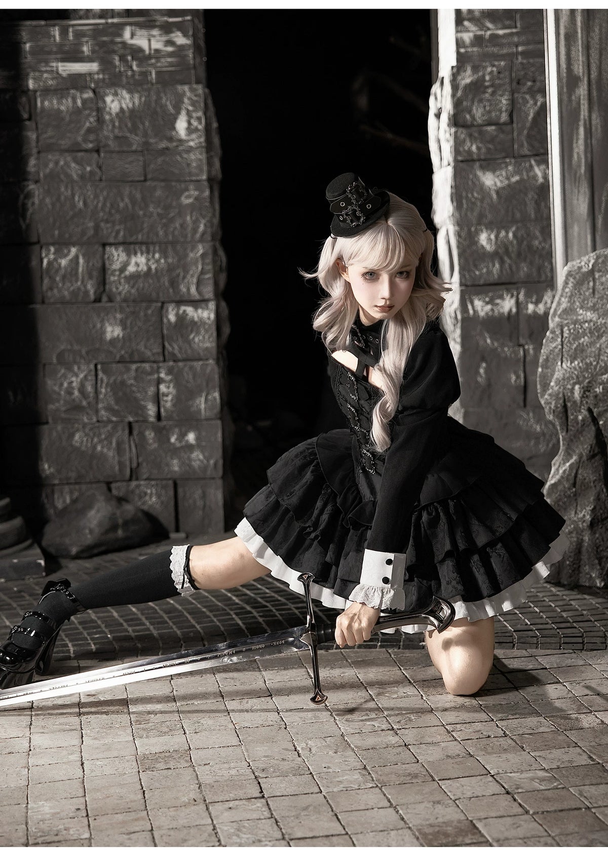 Klein - Black and White Gothic Lolita OP Dress Set, Metal D-rings 45996:871464