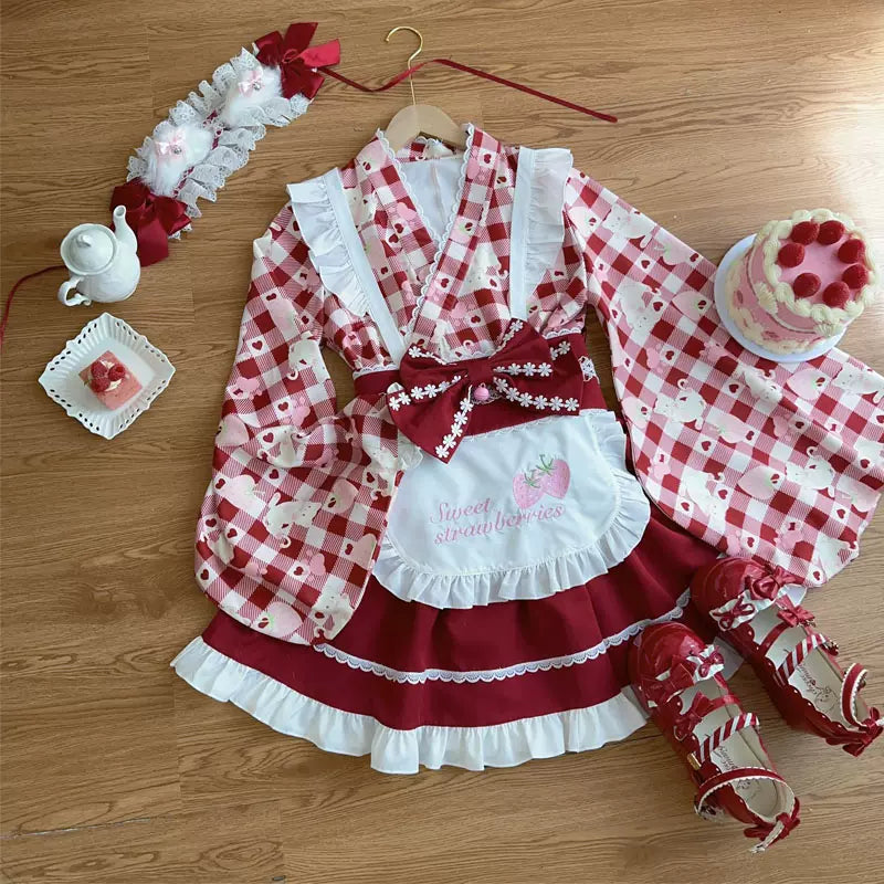 Hanguliang - Han Lolita OP Dress Japanese Style Dress for Summer Wear Red (top + skirt + apron + waistband bow + cardboard box) S