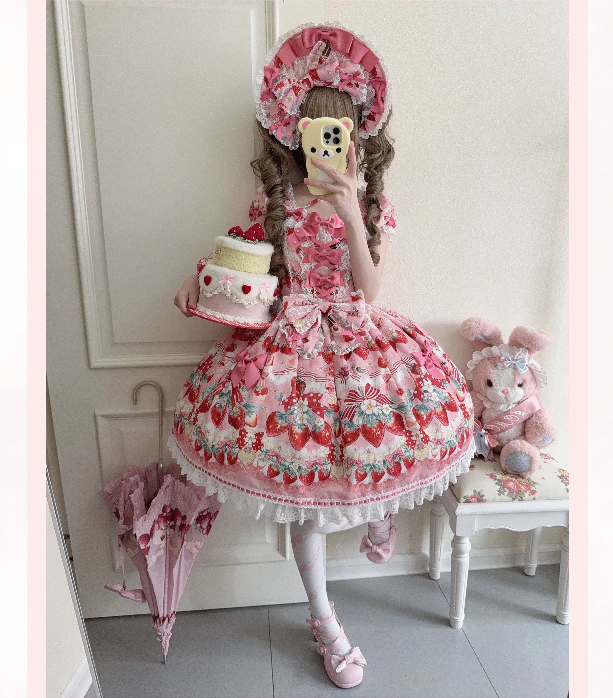 Strawberry Cream Bouquet - Printed Sweet Lolita OP Dress, Halter Neckline
